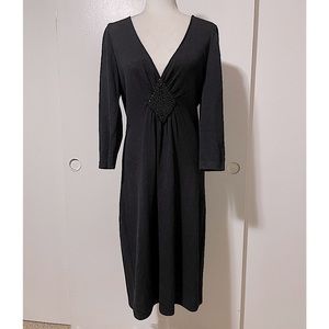 St. John Black Long-Sleeve V-Neck Midi Dress with Beaded Waist Detail